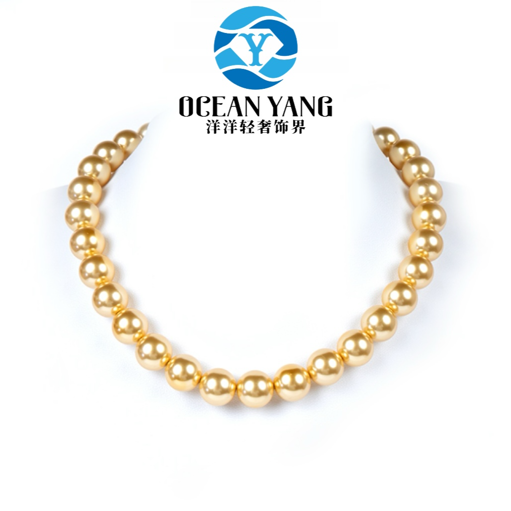 S925 Sterling Silver 12mm Full Strand South Sea Golden Necklace