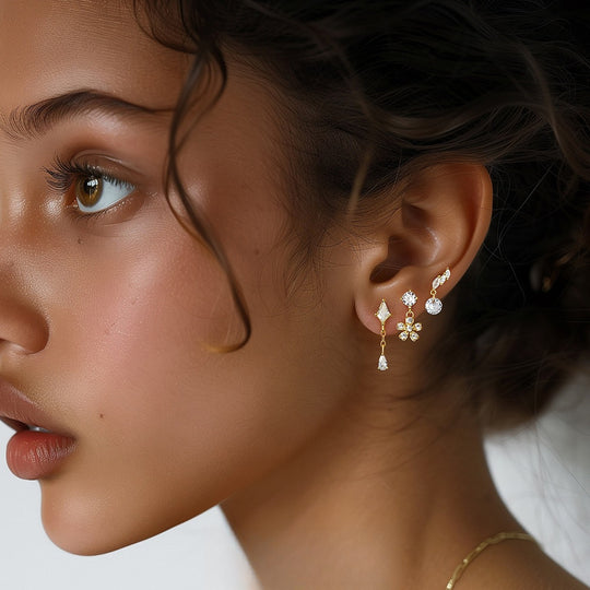 S925 Sterling Silver Star and Moon Zirconia Round Head Earrings Set for Women