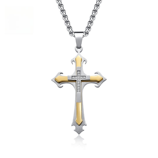 Stainless Steel Two-Tone Cross Necklace with Zircon