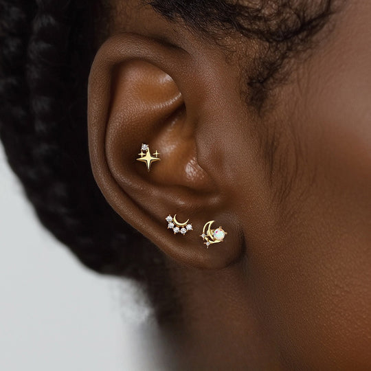 S925 Sterling Silver Star and Moon Zirconia Round Head Earrings Set for Women