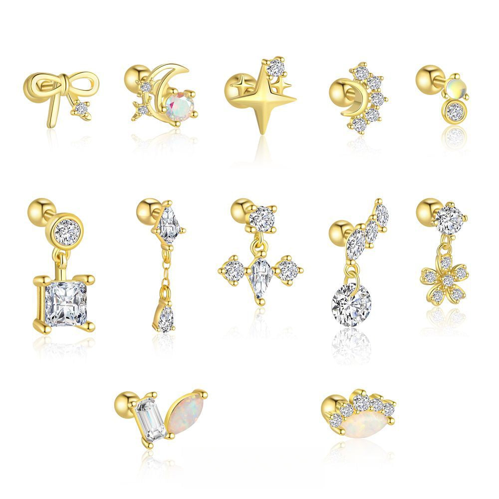 S925 Sterling Silver Star and Moon Zirconia Round Head Earrings Set for Women