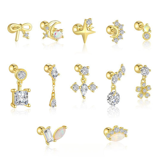 S925 Sterling Silver Star and Moon Zirconia Round Head Earrings Set for Women