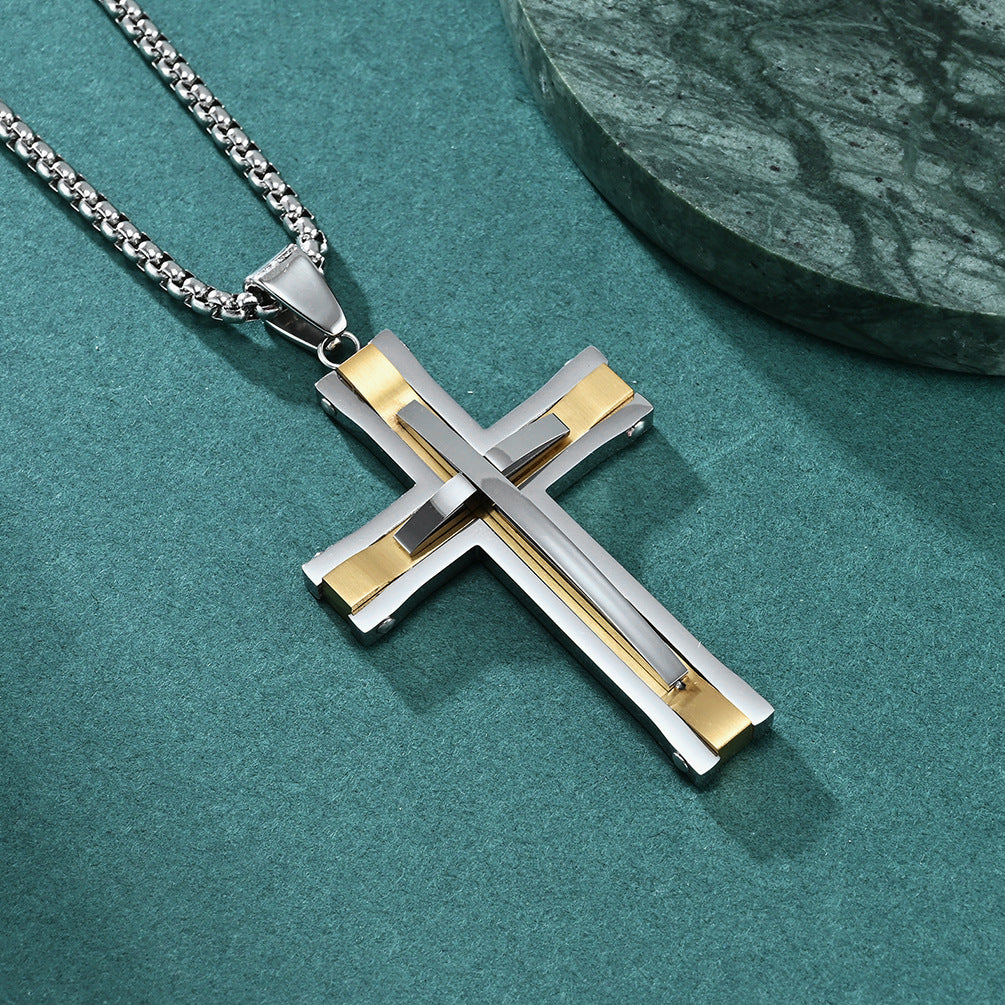 Two-Tone Riveted Stainless Steel Cross Pendant Necklace