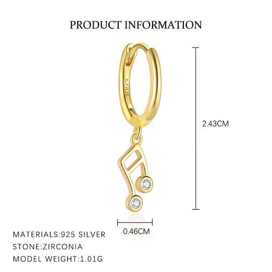S925 Sterling Silver Musical Note Zirconia Earrings for Women