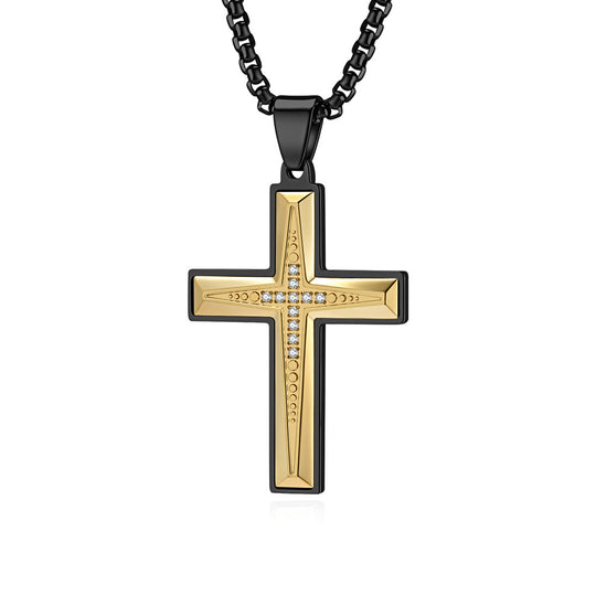 Two-Tone Plated Stainless Steel Zircon Cross Pendant Necklace