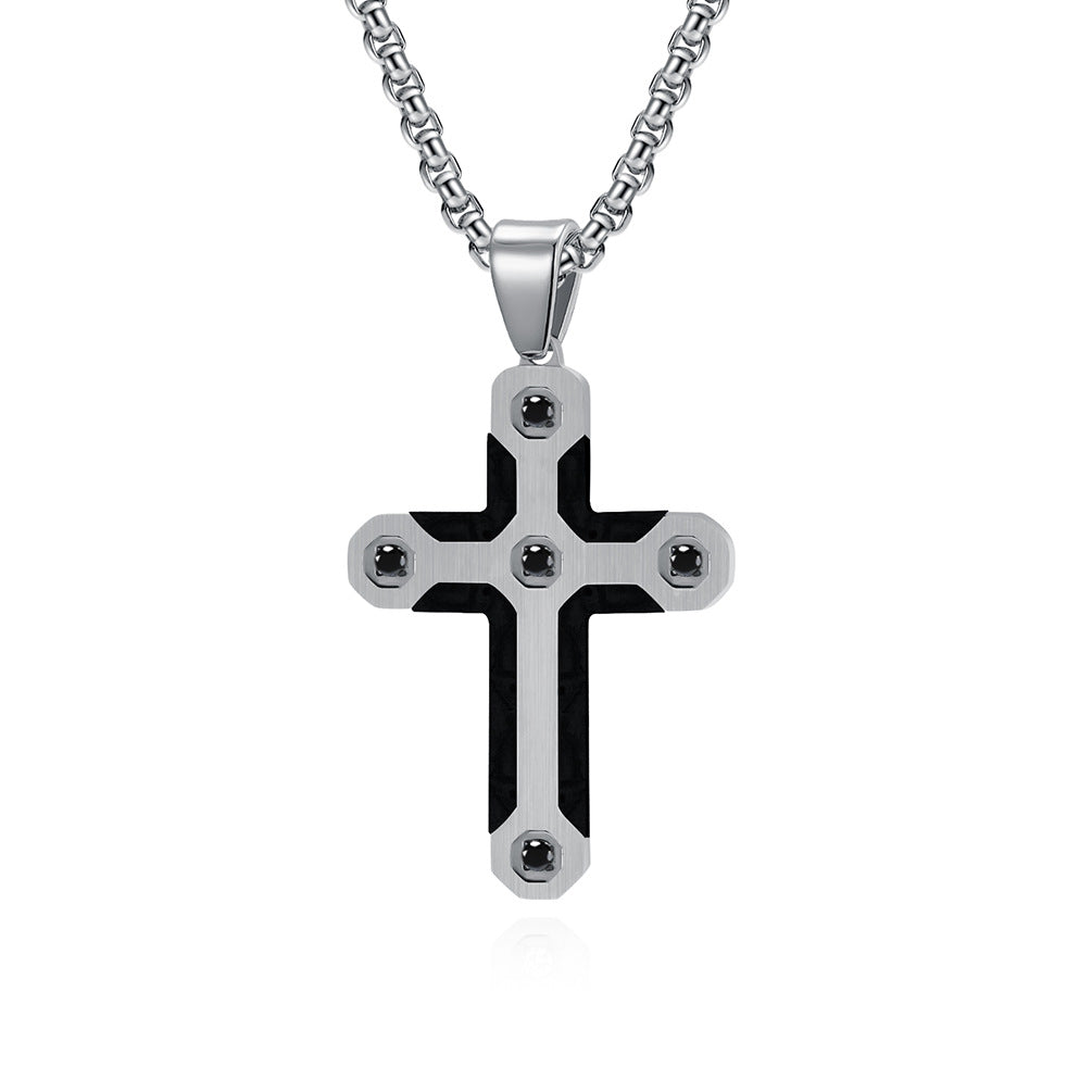 Puzzle Camo Style Stainless Steel Cross Pendant Necklace with Diamonds