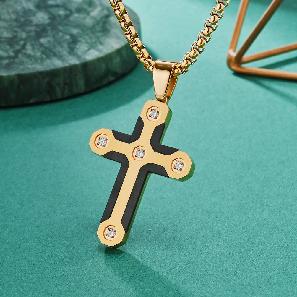 Puzzle Camo Style Stainless Steel Cross Pendant Necklace with Diamonds