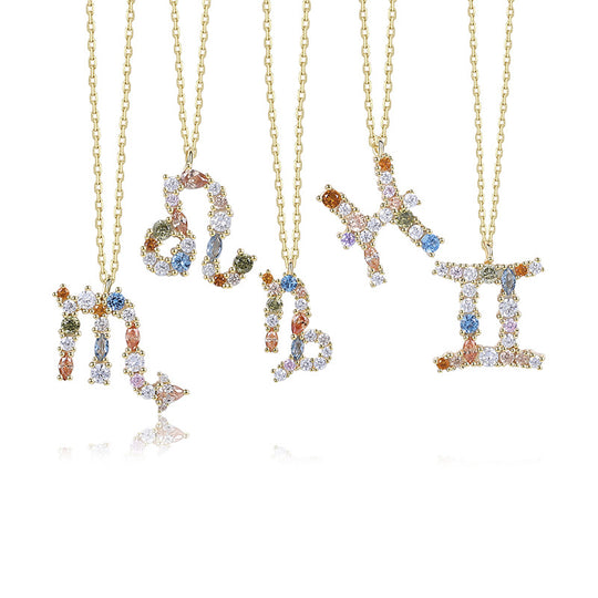S925 Sterling Silver Rainbow Zirconia Zodiac Necklace