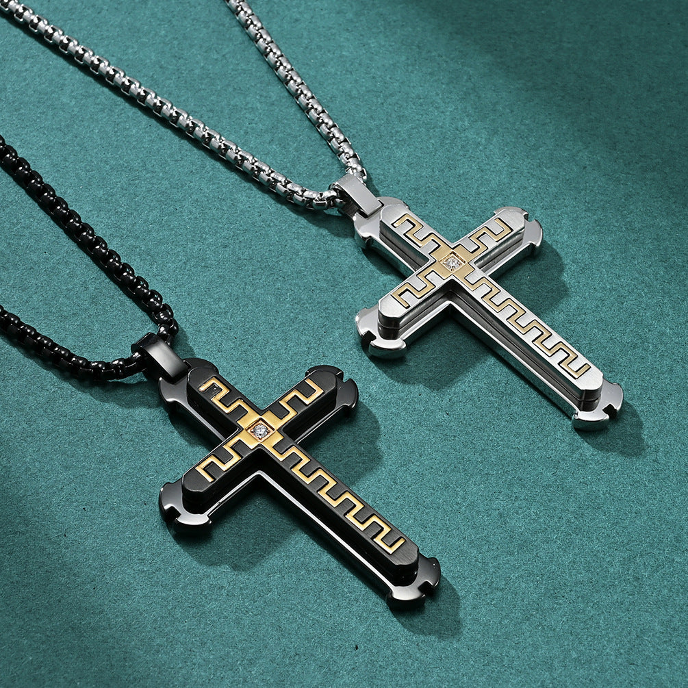 Stainless Steel Cross Pendant Necklace with Great Wall Pattern