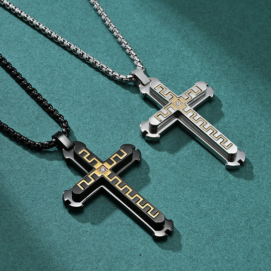 Stainless Steel Cross Pendant Necklace with Great Wall Pattern