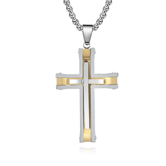 Two-Tone Riveted Stainless Steel Cross Pendant Necklace