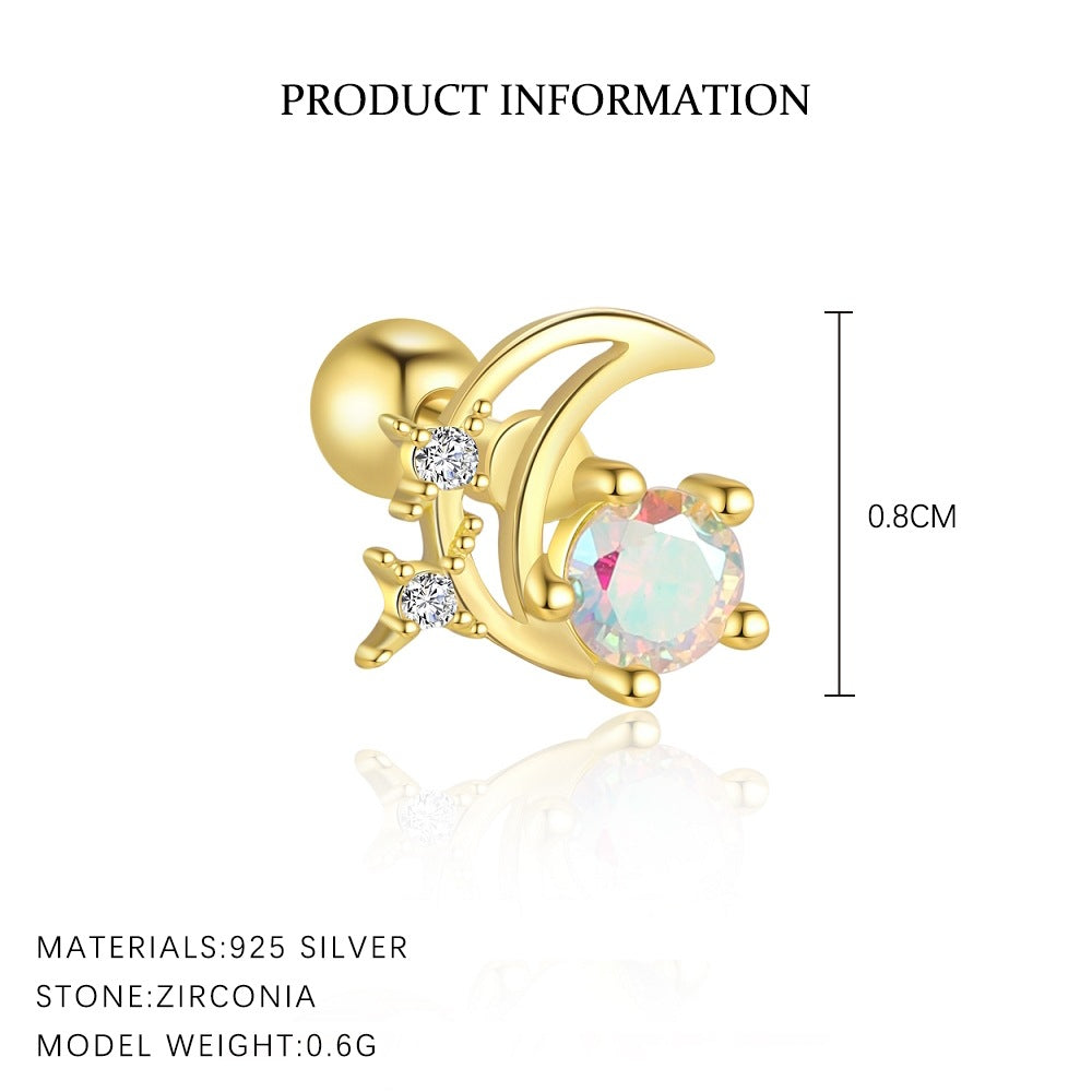 S925 Sterling Silver Star and Moon Zirconia Round Head Earrings Set for Women
