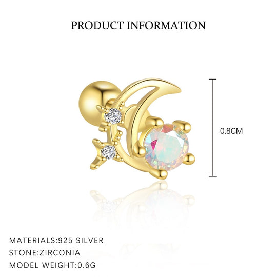 S925 Sterling Silver Star and Moon Zirconia Round Head Earrings Set for Women