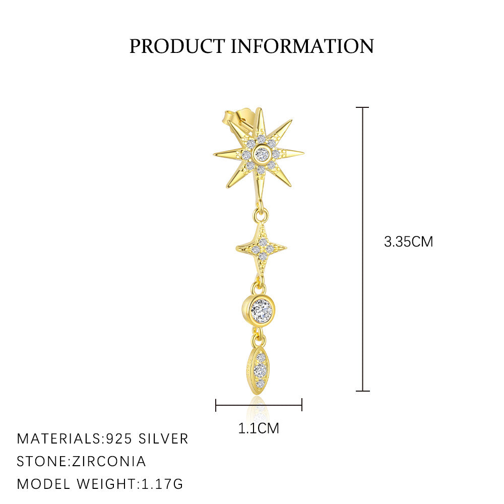 S925 Sterling Silver Star Tassel Diamond Stud Earrings Female