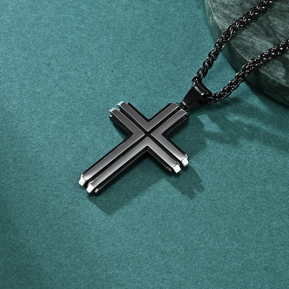 Stainless Steel Two-Tone Cross Pendant with Slanted Edges
