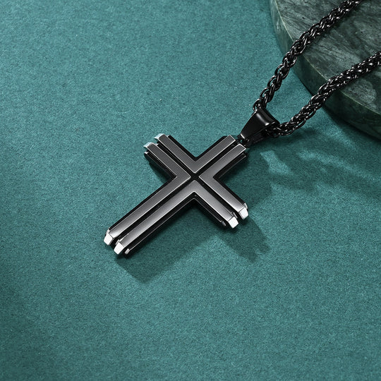 Stainless Steel Two-Tone Cross Pendant with Slanted Edges