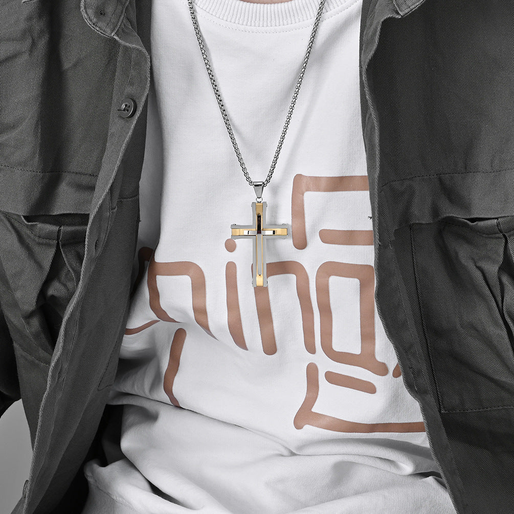 Two-Tone Riveted Stainless Steel Cross Pendant Necklace