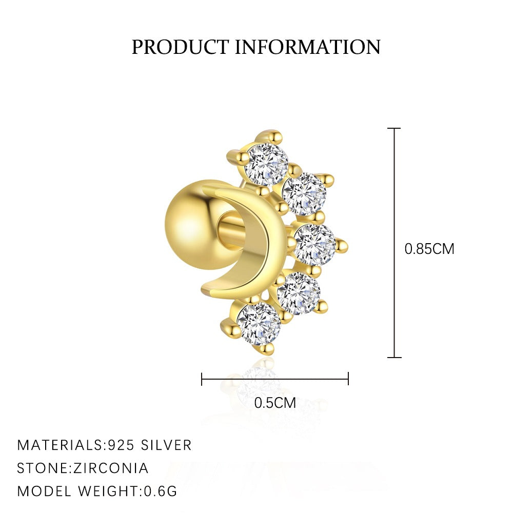 S925 Sterling Silver Star and Moon Zirconia Round Head Earrings Set for Women