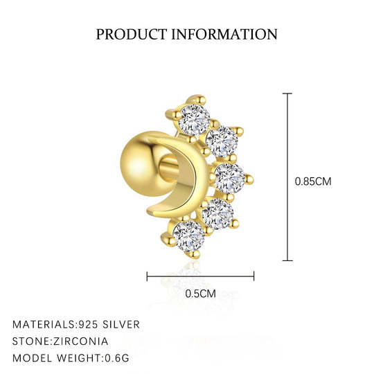 S925 Sterling Silver Star and Moon Zirconia Round Head Earrings Set for Women