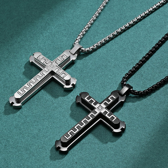 Stainless Steel Cross Pendant Necklace with Great Wall Pattern