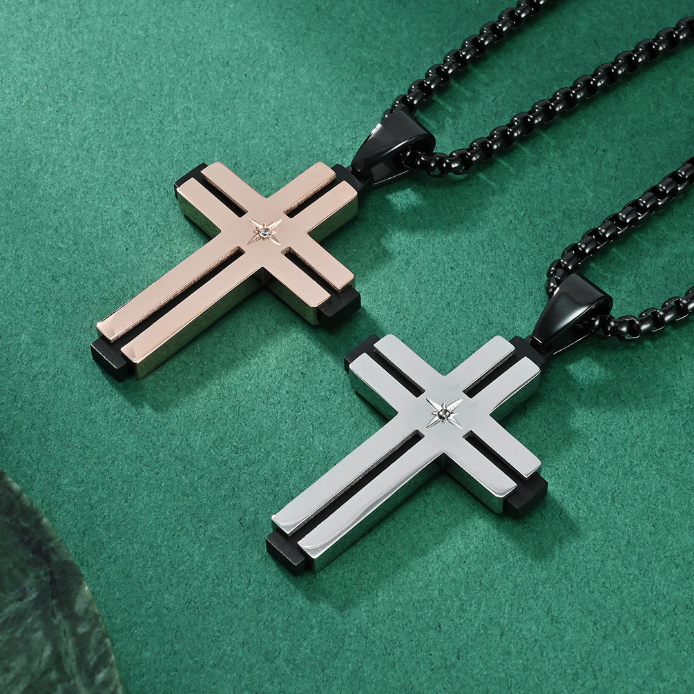 Two-Tone plated Cross Pendant Stainless Steel Necklace