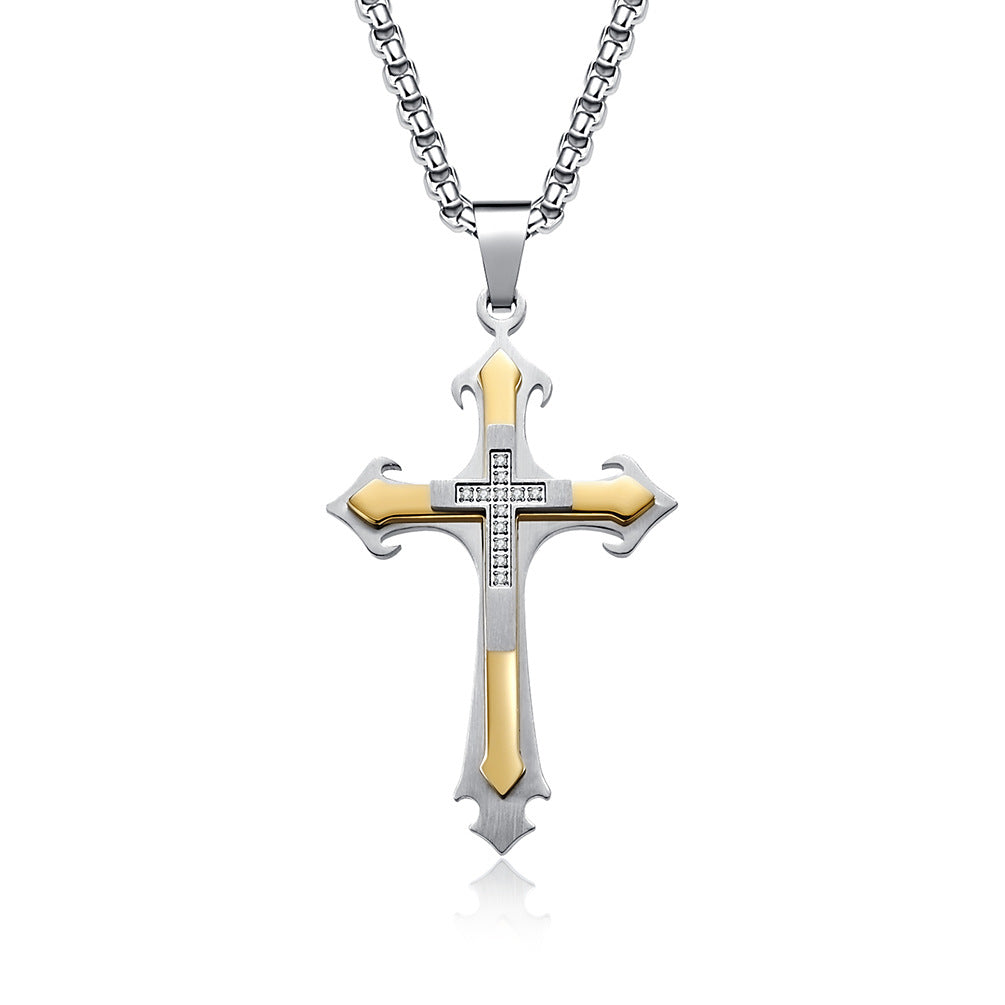 Stainless Steel Two-Tone Cross Necklace with Zircon