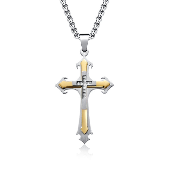 Stainless Steel Two-Tone Cross Necklace with Zircon