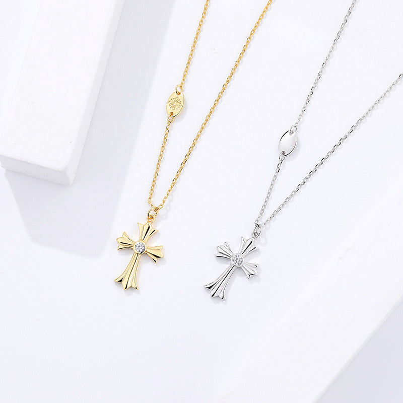 S925 Sterling Silver Punk Cross Zirconia Necklace