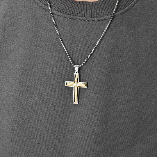 Two-Tone Plated Stainless Steel Zircon Cross Pendant Necklace