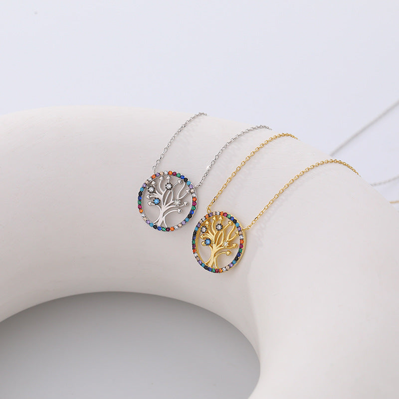 S925 Sterling Silver Colorful Zirconia Tree of Life Necklace for Women