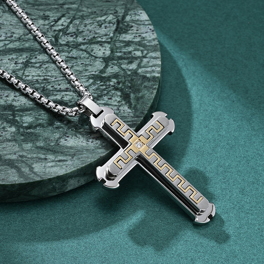 Stainless Steel Cross Pendant Necklace with Great Wall Pattern