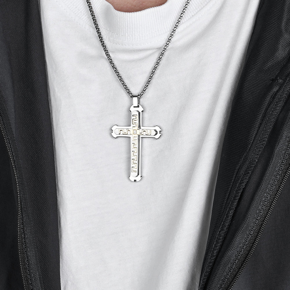 Stainless Steel Cross Pendant Necklace with Great Wall Pattern