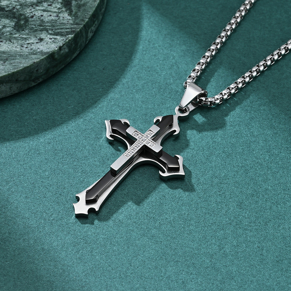 Stainless Steel Two-Tone Cross Necklace with Zircon