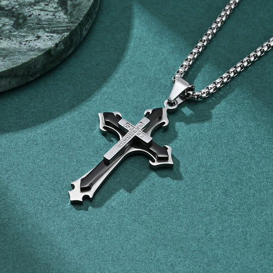 Stainless Steel Two-Tone Cross Necklace with Zircon