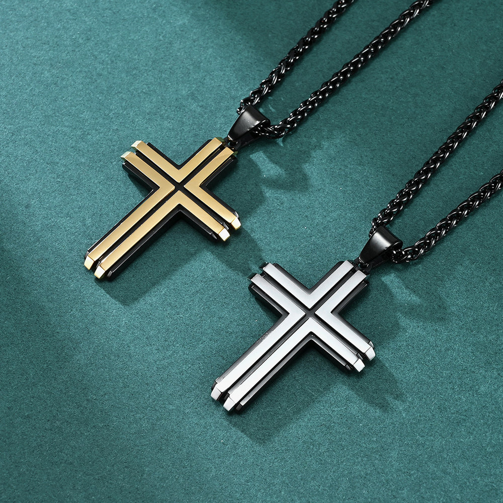Stainless Steel Two-Tone Cross Pendant with Slanted Edges