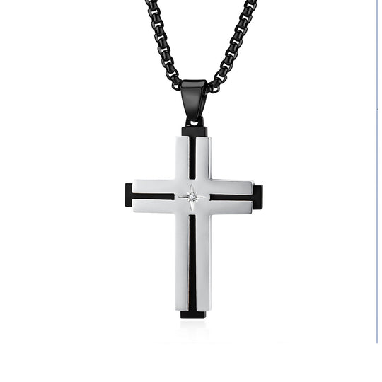Two-Tone plated Cross Pendant Stainless Steel Necklace