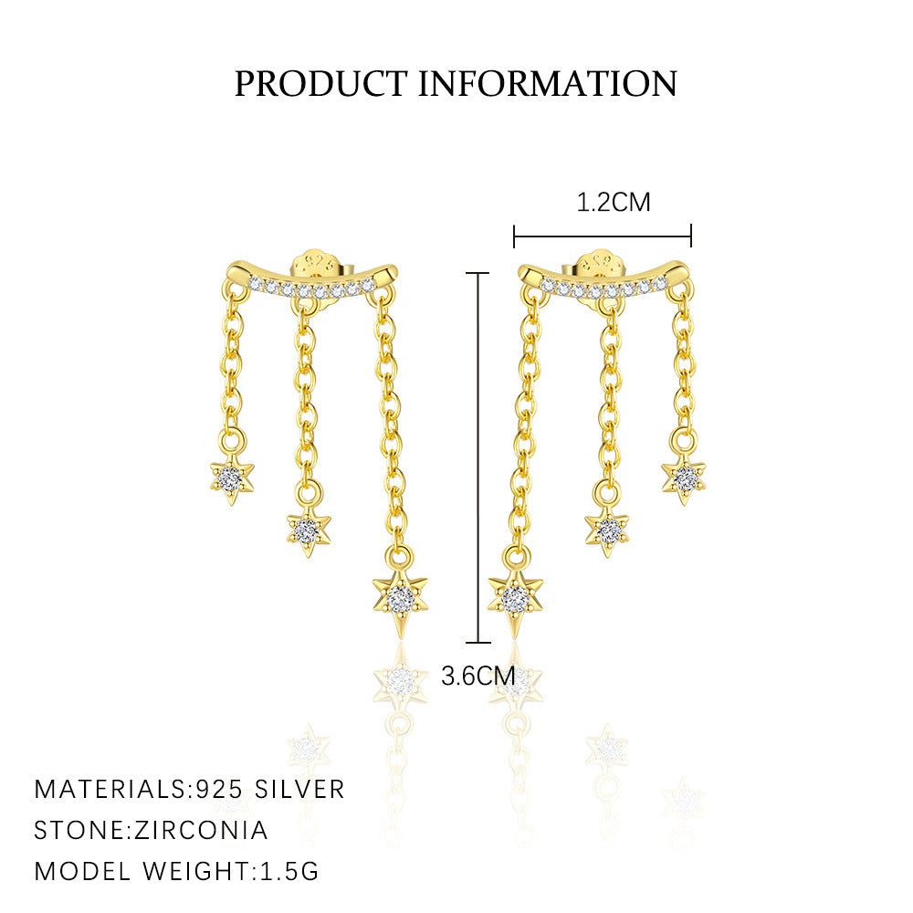 S925 Sterling Silver Star Tassel Diamond Stud Earrings Female