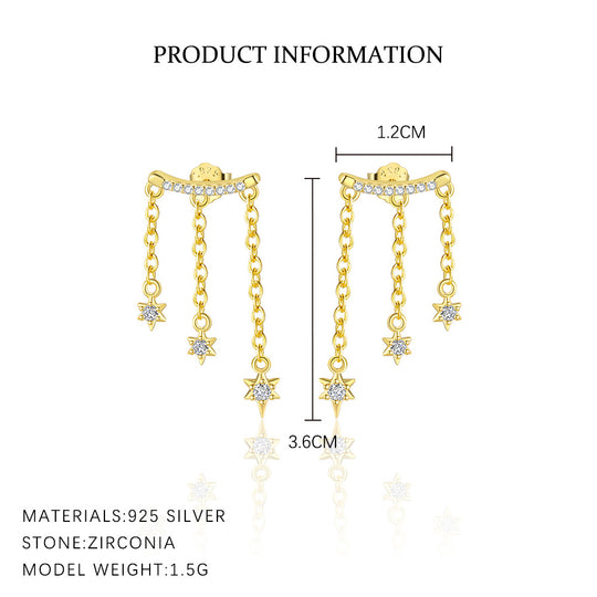 S925 Sterling Silver Star Tassel Diamond Stud Earrings Female