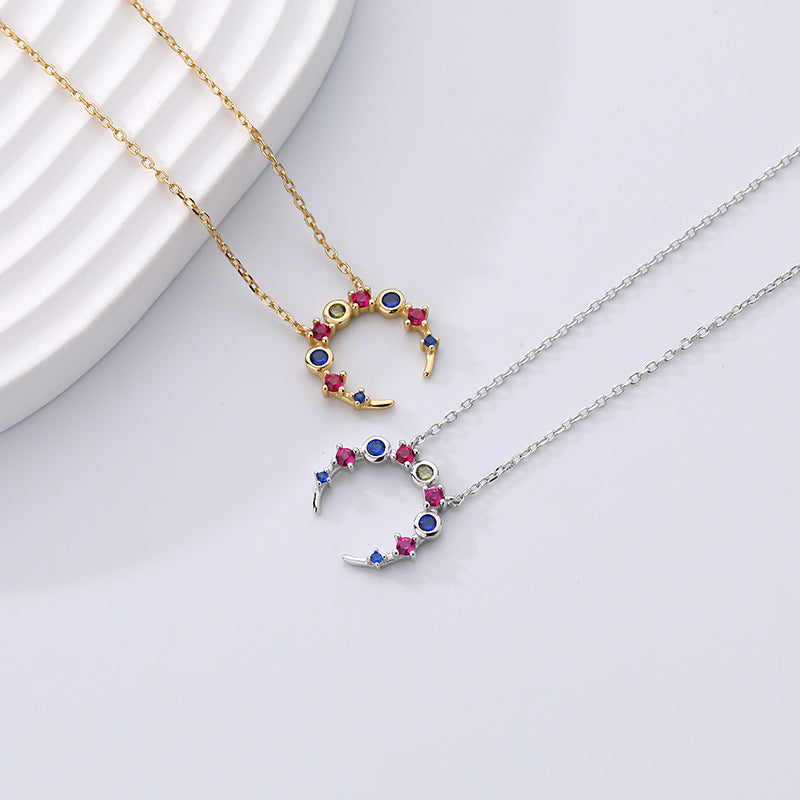 925 Sterling Silver Colorful Zirconia Moon Necklace for Women
