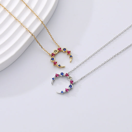 925 Sterling Silver Colorful Zirconia Moon Necklace for Women
