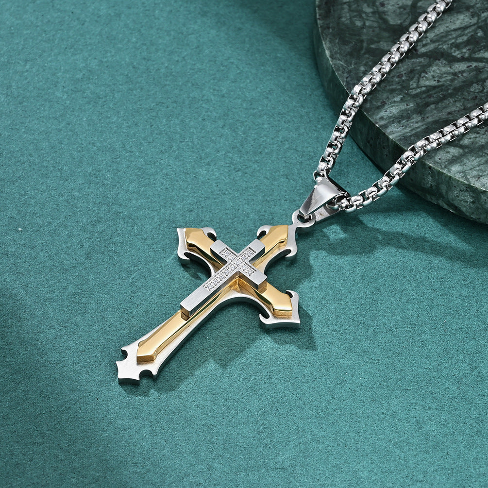Stainless Steel Two-Tone Cross Necklace with Zircon
