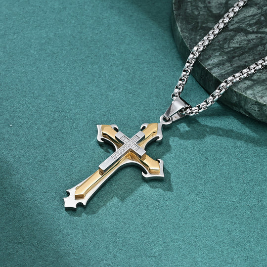 Stainless Steel Two-Tone Cross Necklace with Zircon