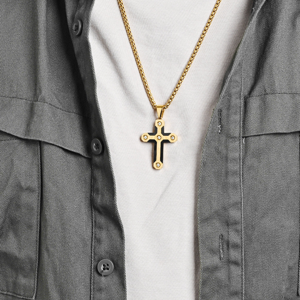 Puzzle Camo Style Stainless Steel Cross Pendant Necklace with Diamonds