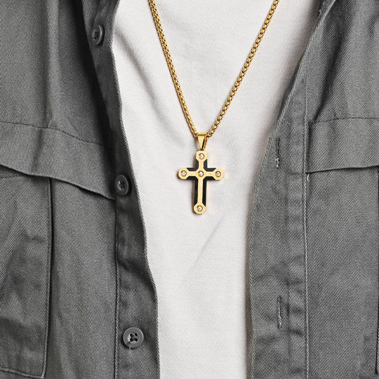 Puzzle Camo Style Stainless Steel Cross Pendant Necklace with Diamonds