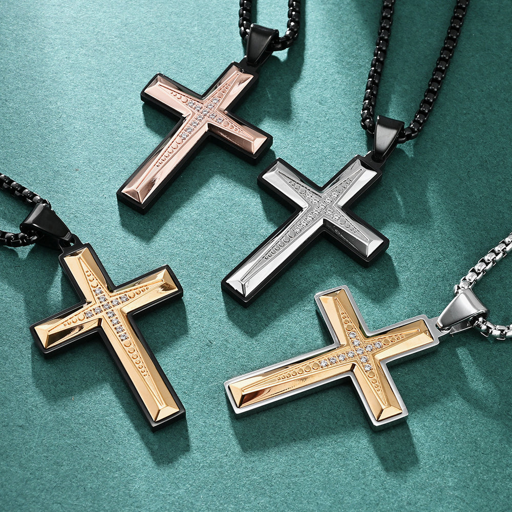 Two-Tone Plated Stainless Steel Zircon Cross Pendant Necklace