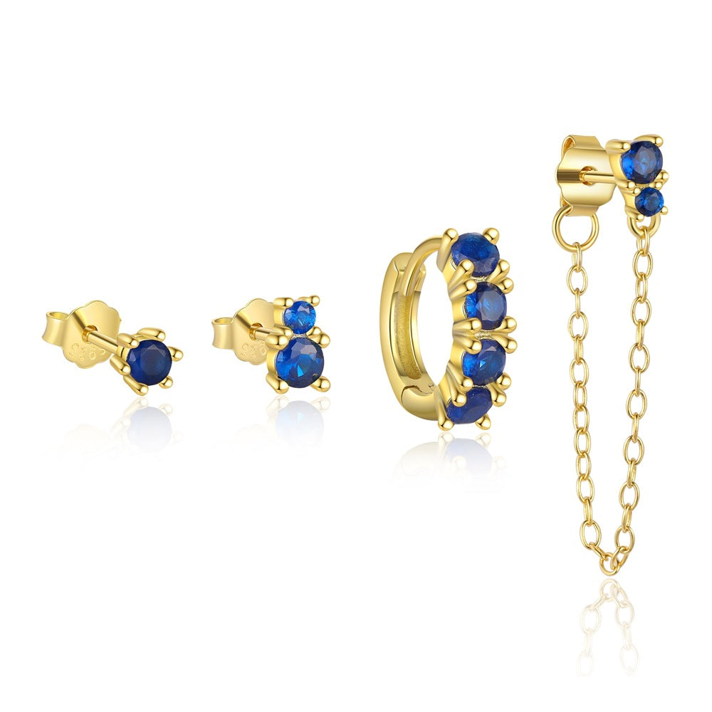 S925 Sterling Silver Geometric Blue Zirconia Piercing Earrings for Women