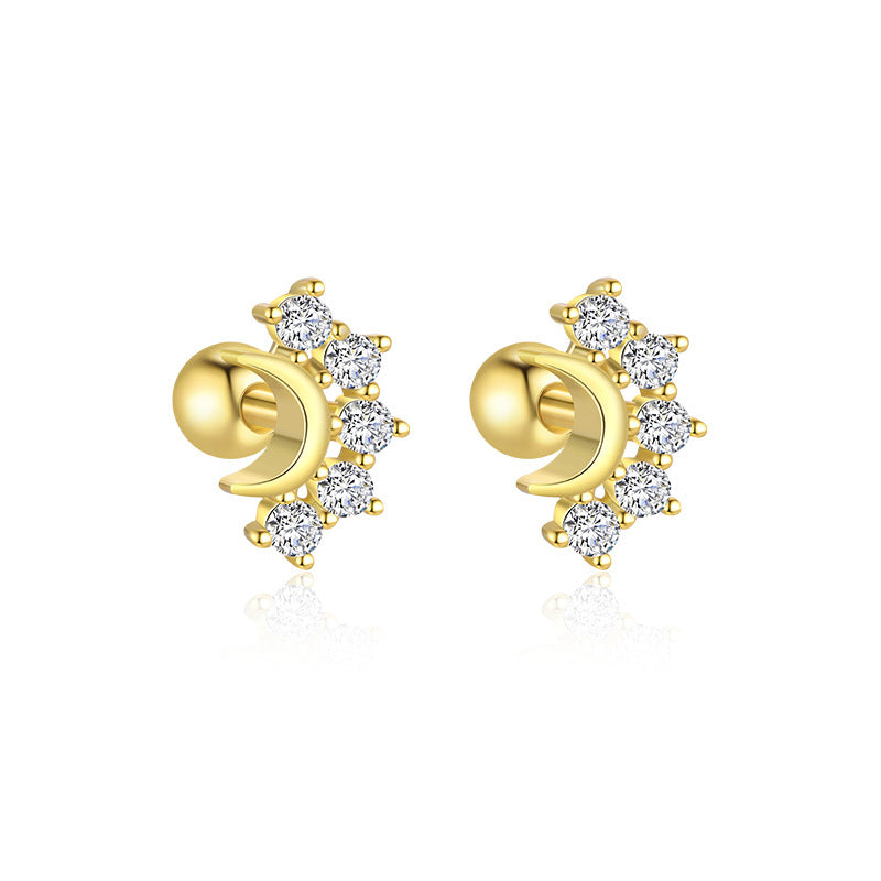 S925 Sterling Silver Star and Moon Zirconia Round Head Earrings Set for Women