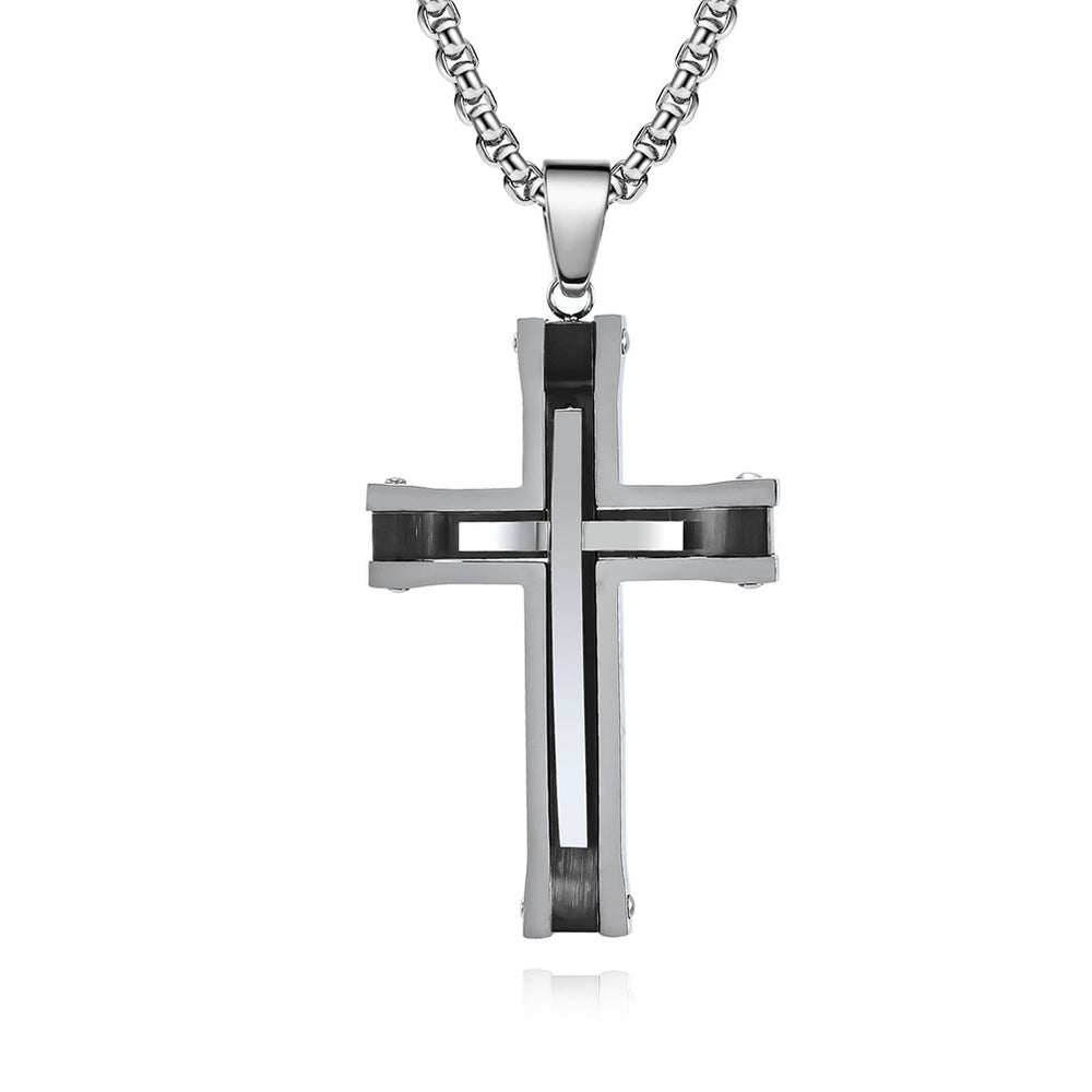 Two-Tone Riveted Stainless Steel Cross Pendant Necklace