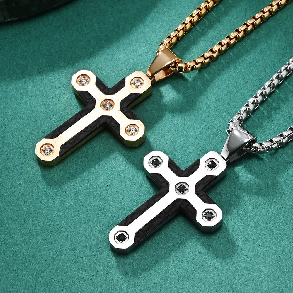 Puzzle Camo Style Stainless Steel Cross Pendant Necklace with Diamonds