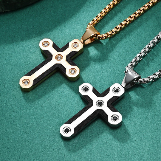 Puzzle Camo Style Stainless Steel Cross Pendant Necklace with Diamonds